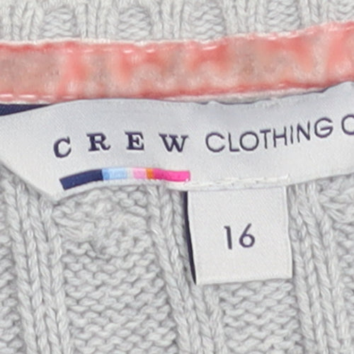 Crew Clothing Co. Women's Grey Cotton Cable Knit V-Neck Jumper Size 16