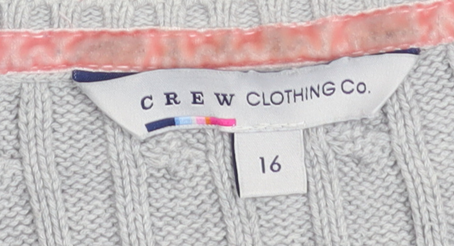 Crew Clothing Co. Women's Grey Cotton Cable Knit V-Neck Jumper Size 16