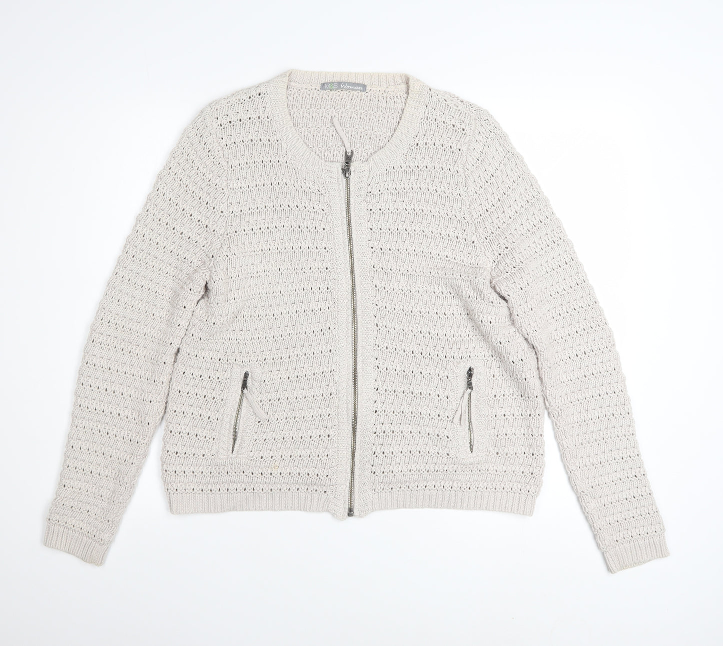 Marks and Spencer Women Beige Full Zip Knit Cotton Jumper UK 14