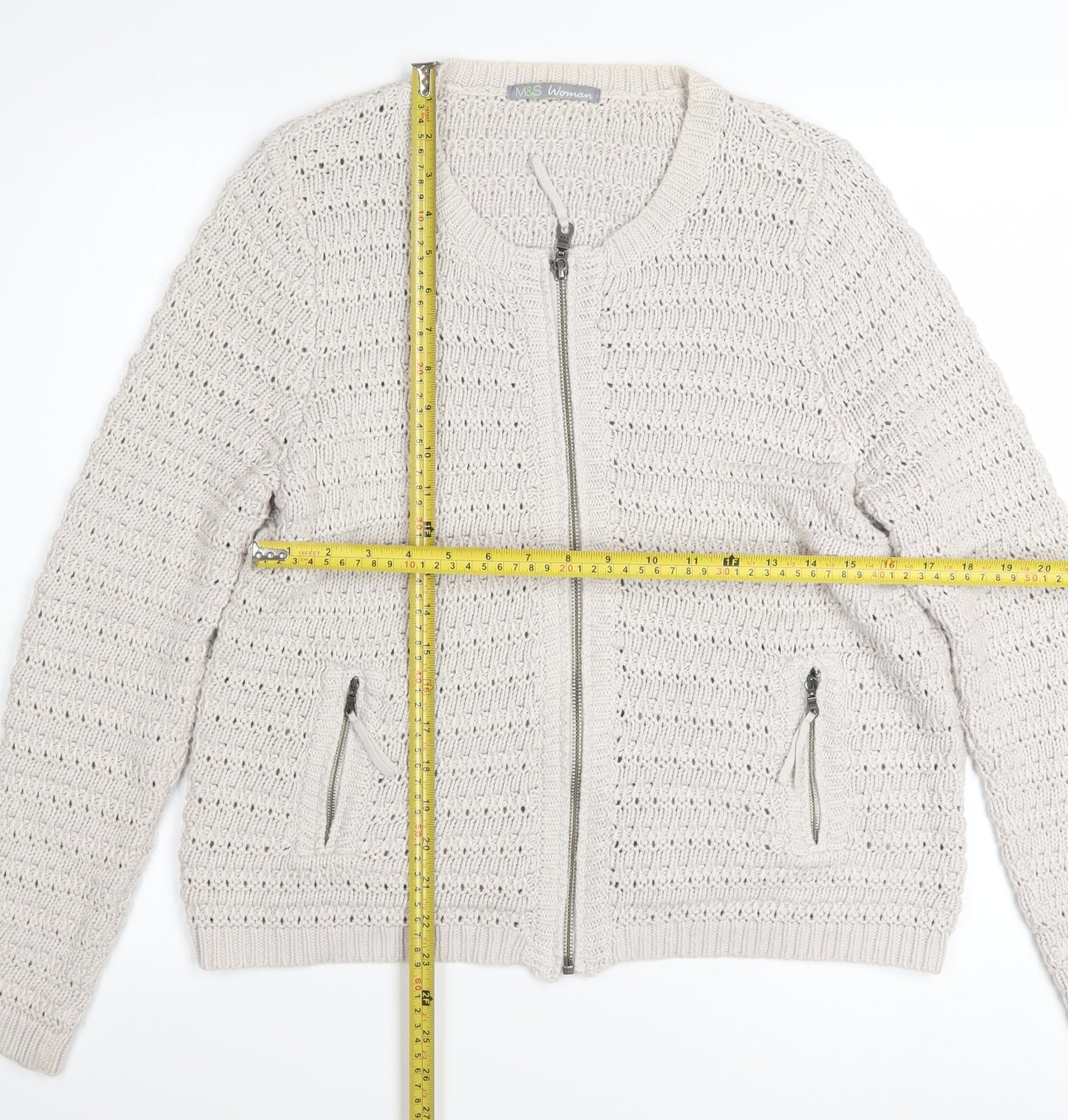 Marks and Spencer Women Beige Full Zip Knit Cotton Jumper UK 14