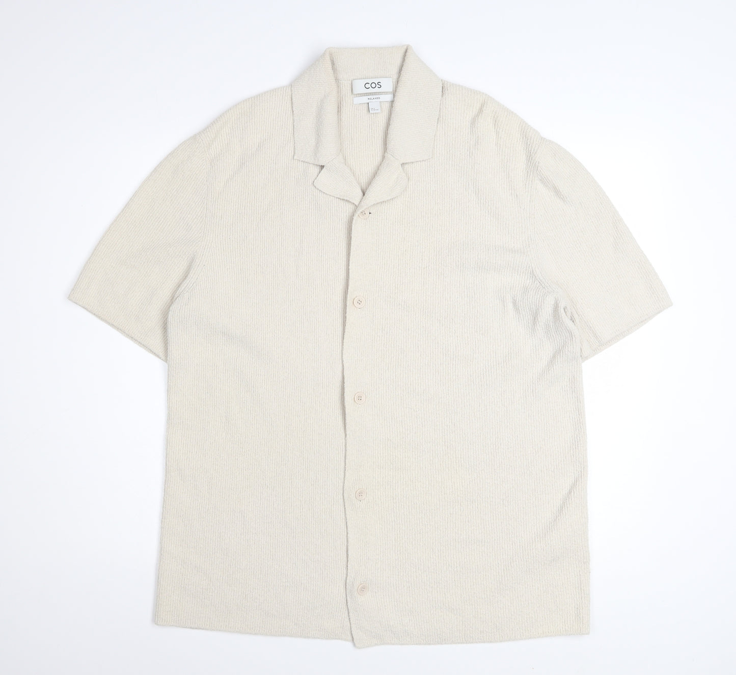 COS Men’s Beige Relaxed Fit Cotton Knit Short Sleeve Button-Up Shirt Size M