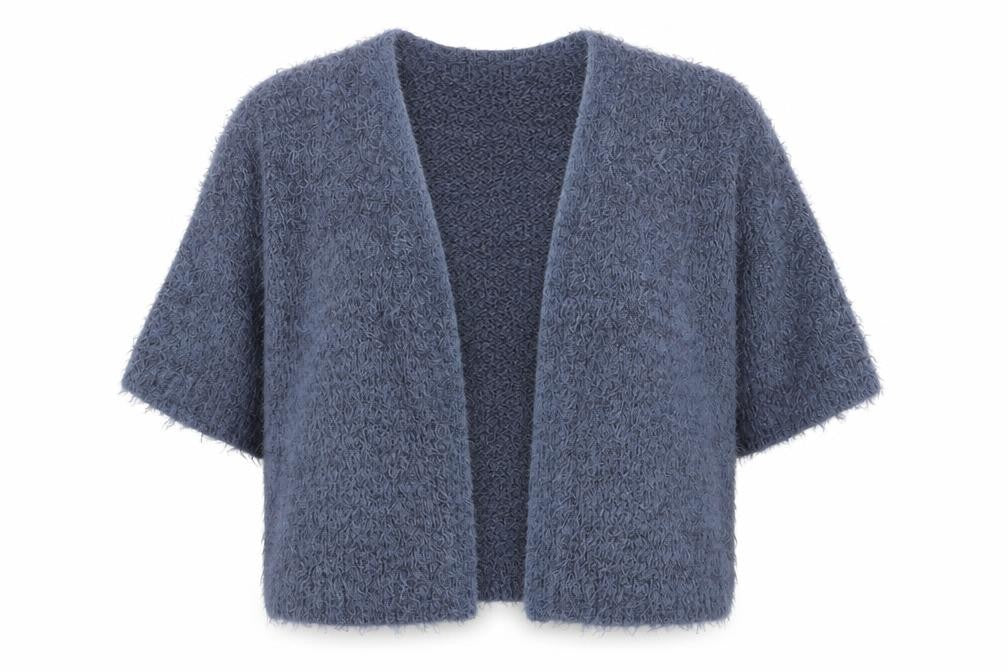 Front view of Anthology Women Blue, size 20 Plus, Open Knit Short Sleeve Cardigan