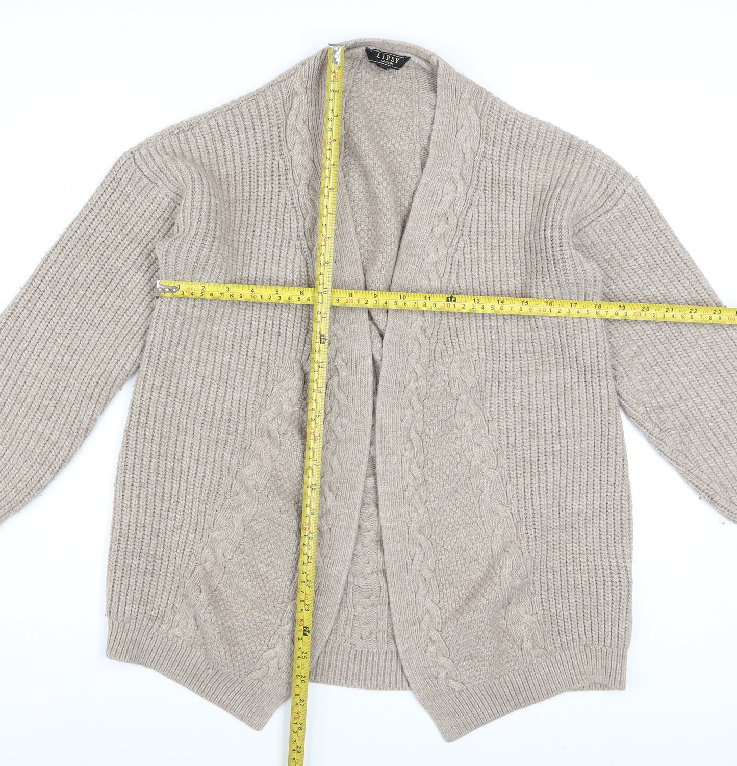 Lipsy Women Beige Cable Knit Long Sleeve Open Cardigan Size 18