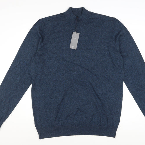 Marks and Spencer Men’s Blue L 1/4 Zip Mock Neck Cotton Jumper