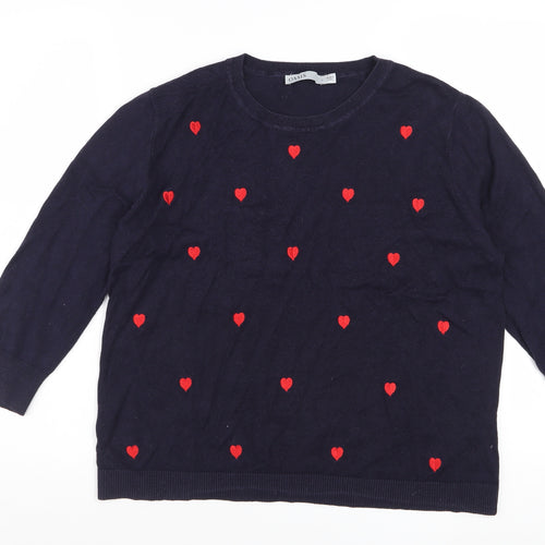 Oasis Women Blue Cotton Blend Heart Pullover Jumper L