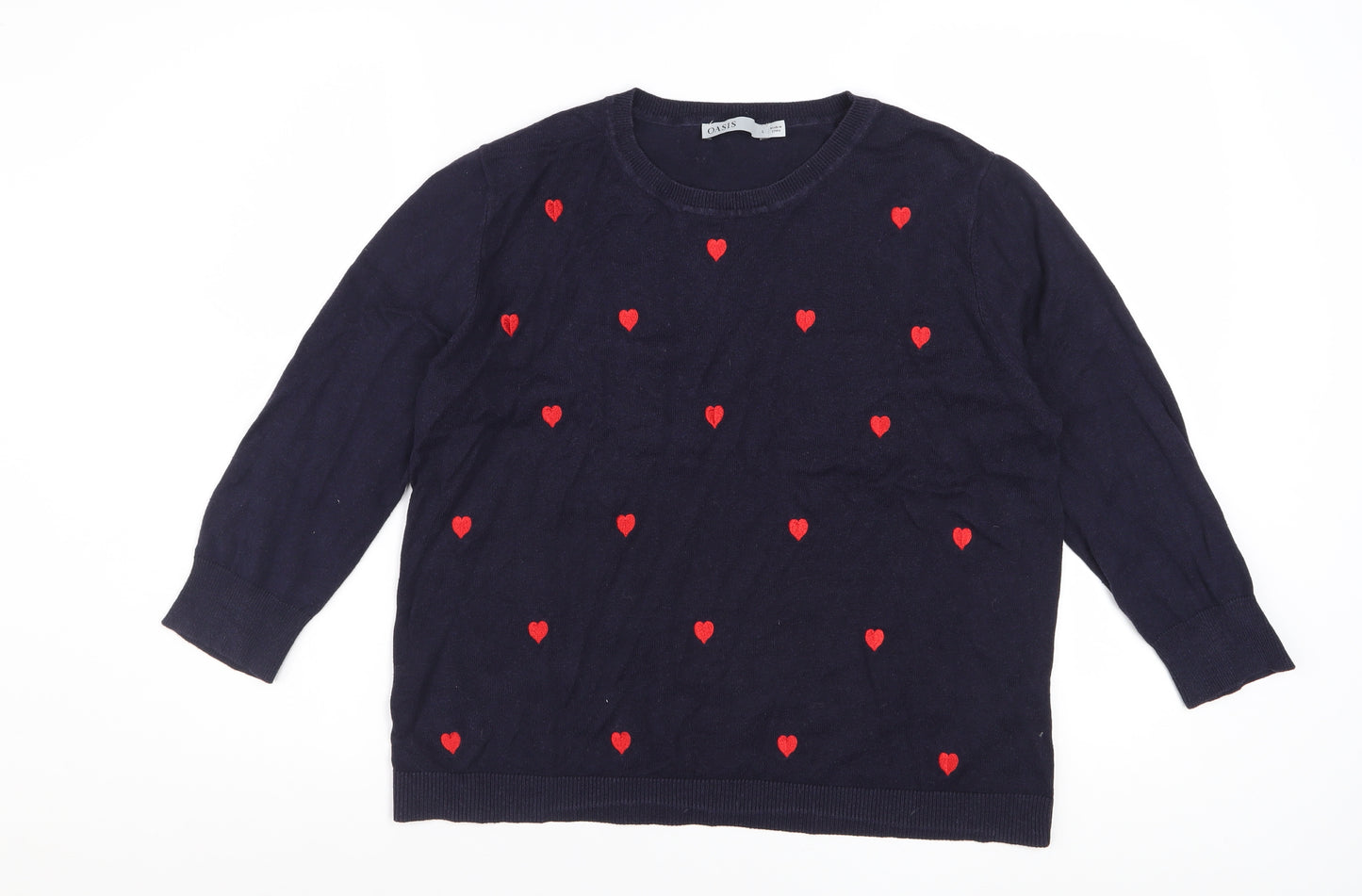 Oasis Women Blue Cotton Blend Heart Pullover Jumper L