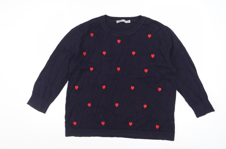 Oasis Women Blue Cotton Blend Heart Pullover Jumper L