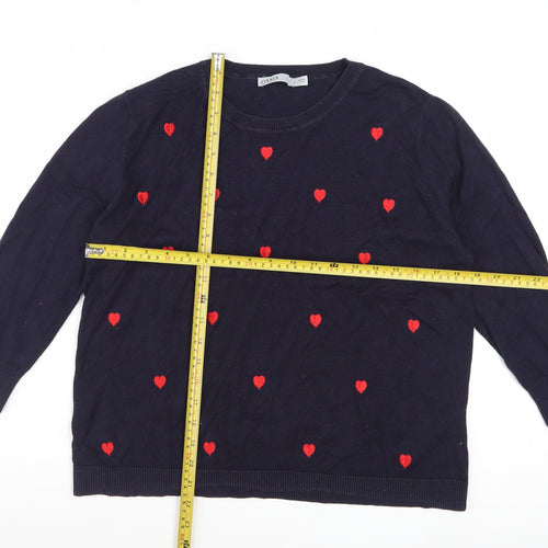 Oasis Women Blue Cotton Blend Heart Pullover Jumper L