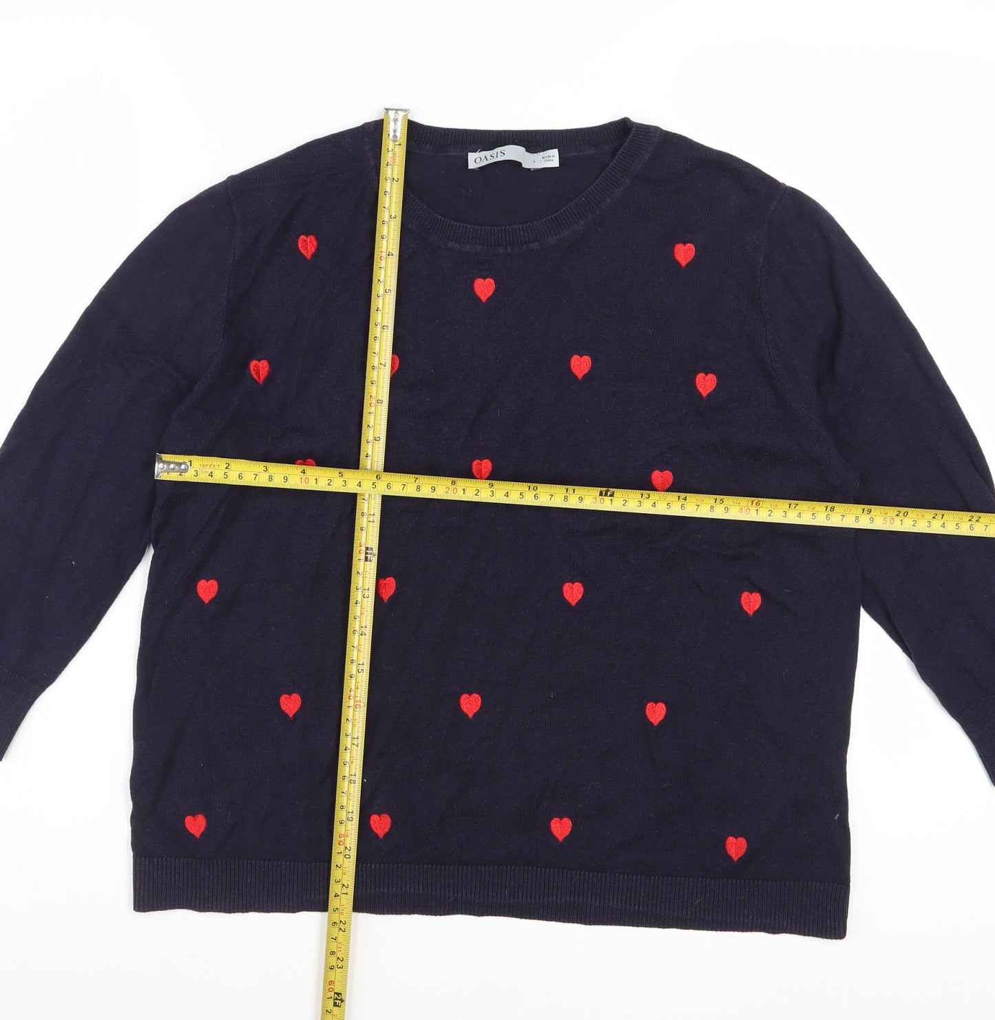 Oasis Women Blue Cotton Blend Heart Pullover Jumper L