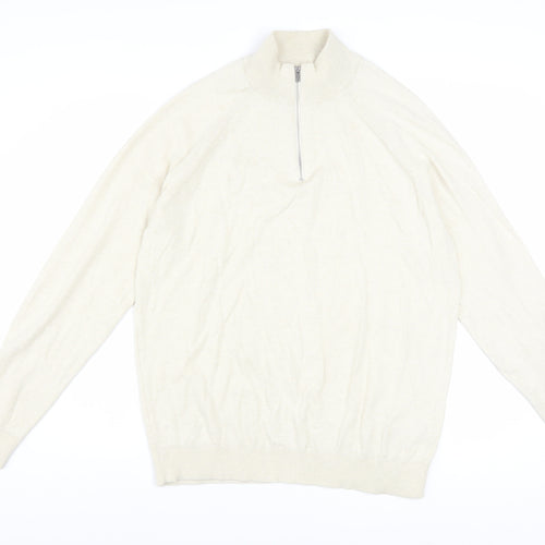 Marks and Spencer Men's Beige M 1/2 Zip High Neck Cotton Jumper