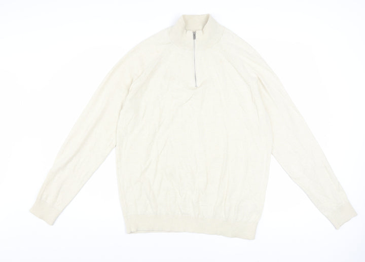 Marks and Spencer Men's Beige M 1/2 Zip High Neck Cotton Jumper