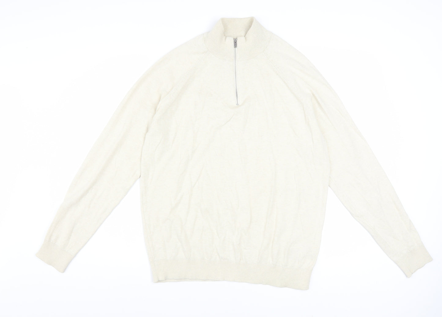 Marks and Spencer Men's Beige M 1/2 Zip High Neck Cotton Jumper