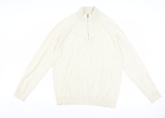 Marks and Spencer Men's Beige M 1/2 Zip High Neck Cotton Jumper