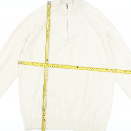 Marks and Spencer Men's Beige M 1/2 Zip High Neck Cotton Jumper