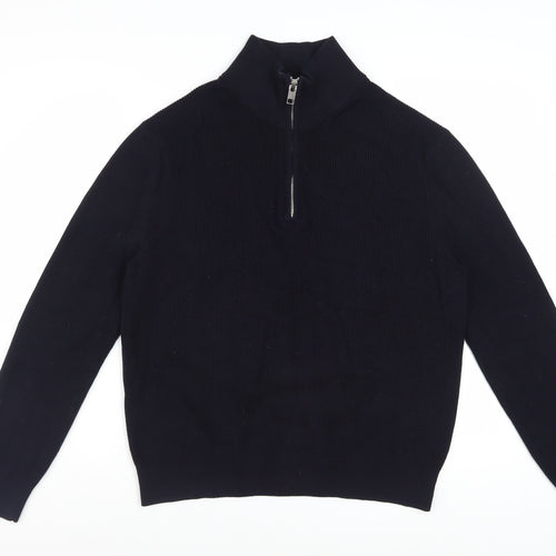 H&M Men Black Cotton 1/2 Zip High Neck Slim Fit Jumper L