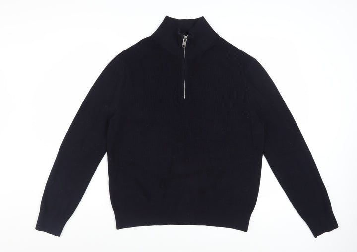 H&M Men Black Cotton 1/2 Zip High Neck Slim Fit Jumper L