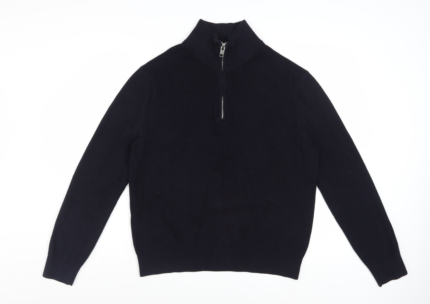 H&M Men Black Cotton 1/2 Zip High Neck Slim Fit Jumper L