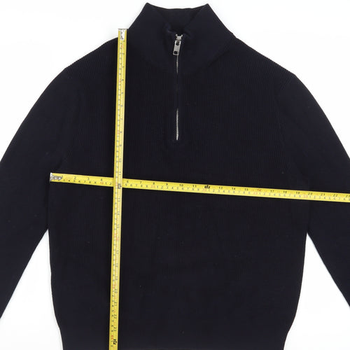 H&M Men Black Cotton 1/2 Zip High Neck Slim Fit Jumper L