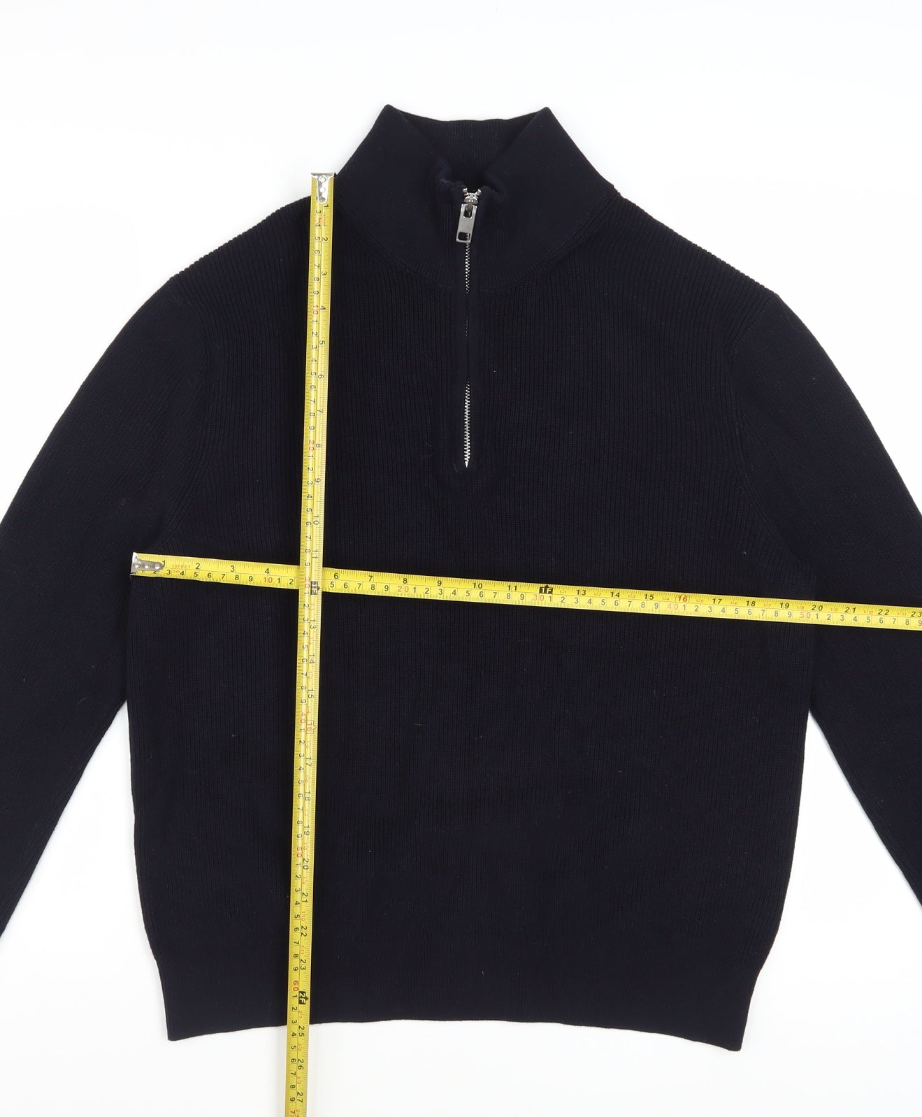H&M Men Black Cotton 1/2 Zip High Neck Slim Fit Jumper L