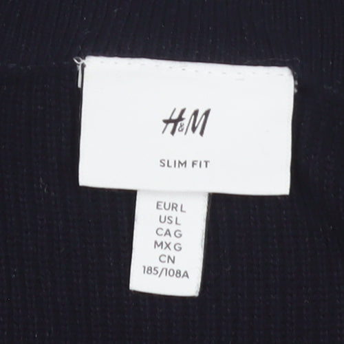H&M Men Black Cotton 1/2 Zip High Neck Slim Fit Jumper L