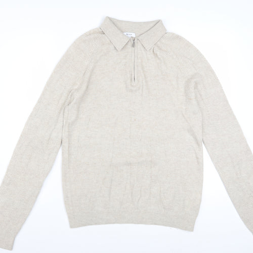 Reiss Men’s Beige Collared Full Zip Knit Jumper M
