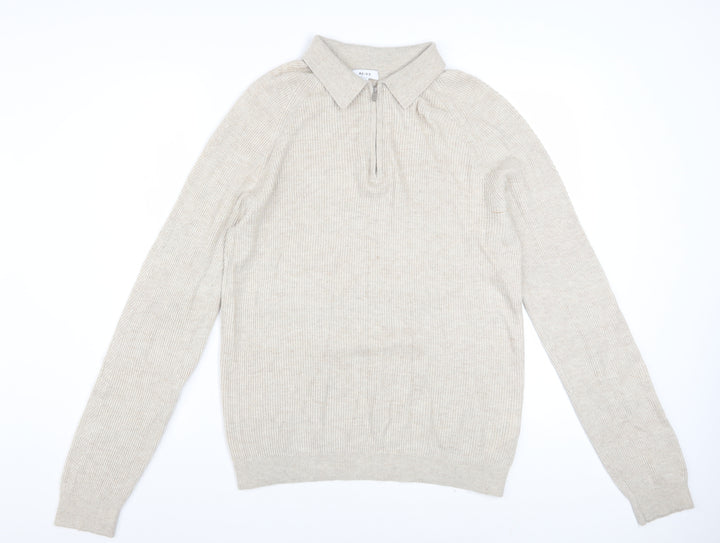 Reiss Men’s Beige Collared Full Zip Knit Jumper M
