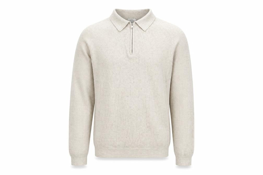 Front view of Reiss Men’s Beige Collared Full Zip Knit Jumper M