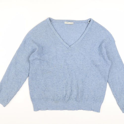 Pull & Bear Women's Blue V-Neck Ribbed Knit Jumper Size S
