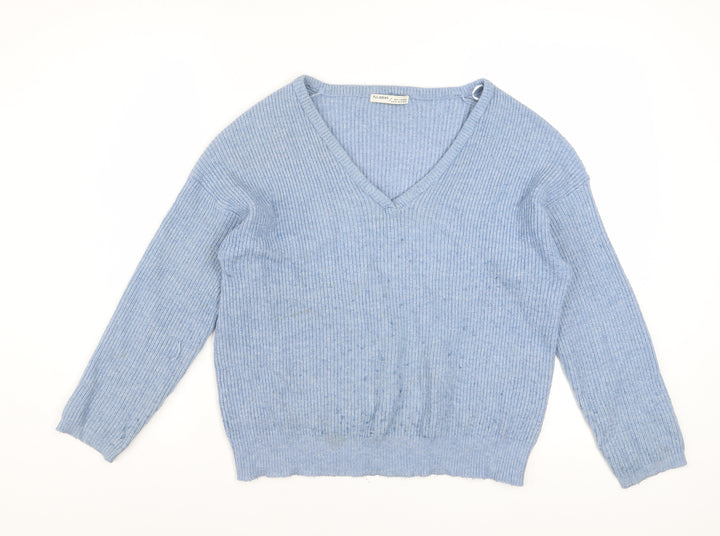 Pull & Bear Women's Blue V-Neck Ribbed Knit Jumper Size S