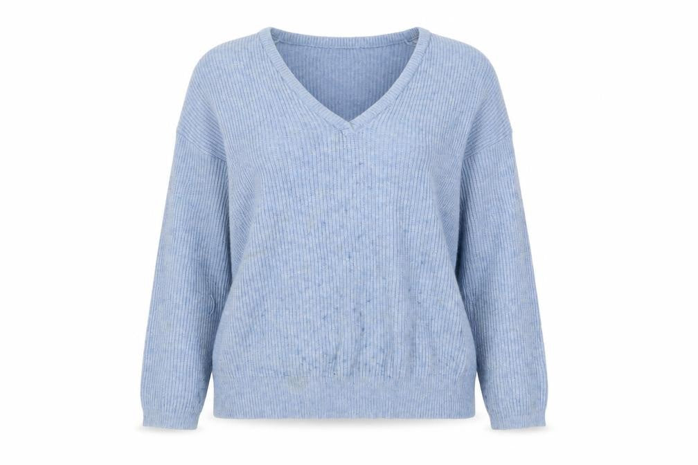 Front view of Pull&Bear Women's Blue V-Neck Ribbed Knit Jumper, size S