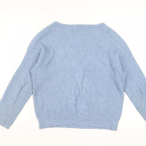 Pull & Bear Women's Blue V-Neck Ribbed Knit Jumper Size S