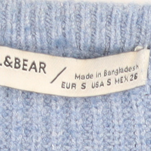 Pull & Bear Women's Blue V-Neck Ribbed Knit Jumper Size S