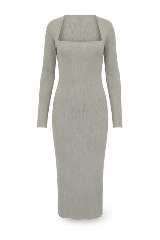Front view of H&M Women Grey Long Sleeve Bodycon Midi Dress, size 12