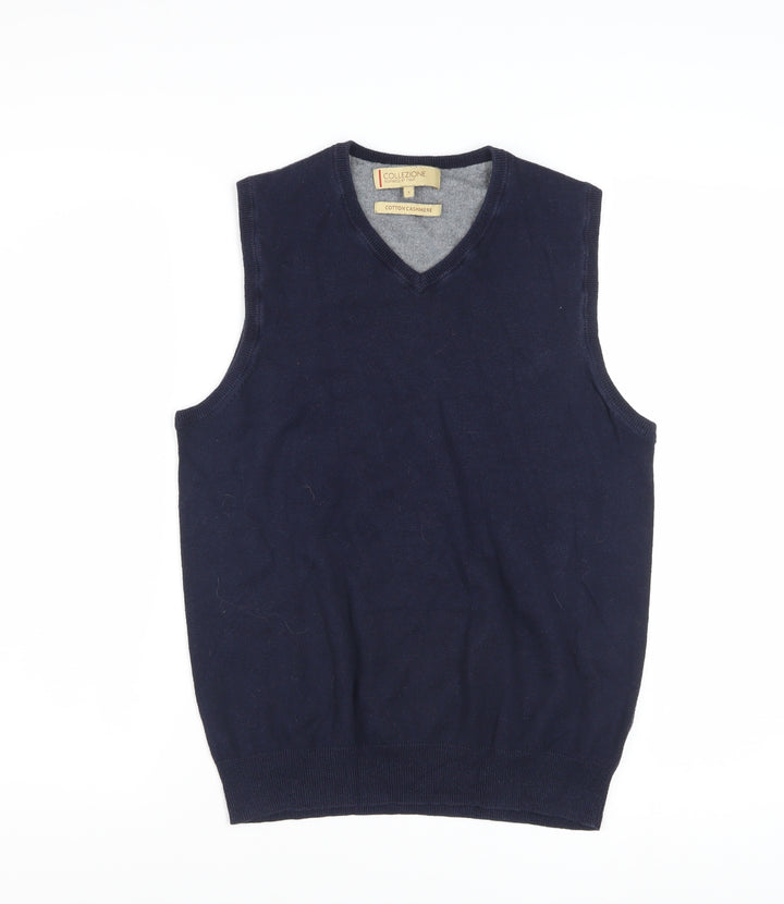Marks and Spencer Men's Blue Cotton Cashmere V-Neck Vest S