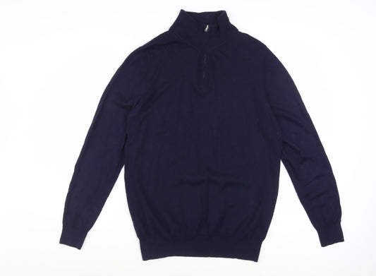 John Lewis & Partners Men's Blue Merino Wool 1/4 Zip Jumper L