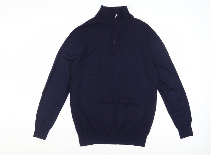 John Lewis & Partners Men's Blue Merino Wool 1/4 Zip Jumper L