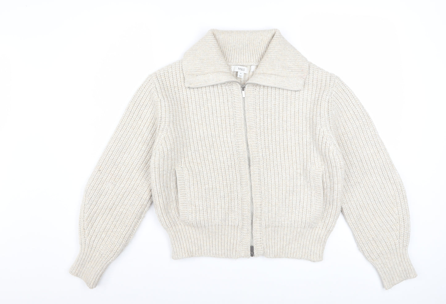 Marks and Spencer Women Beige XS Collared Full Zip Wool Blend Jumper