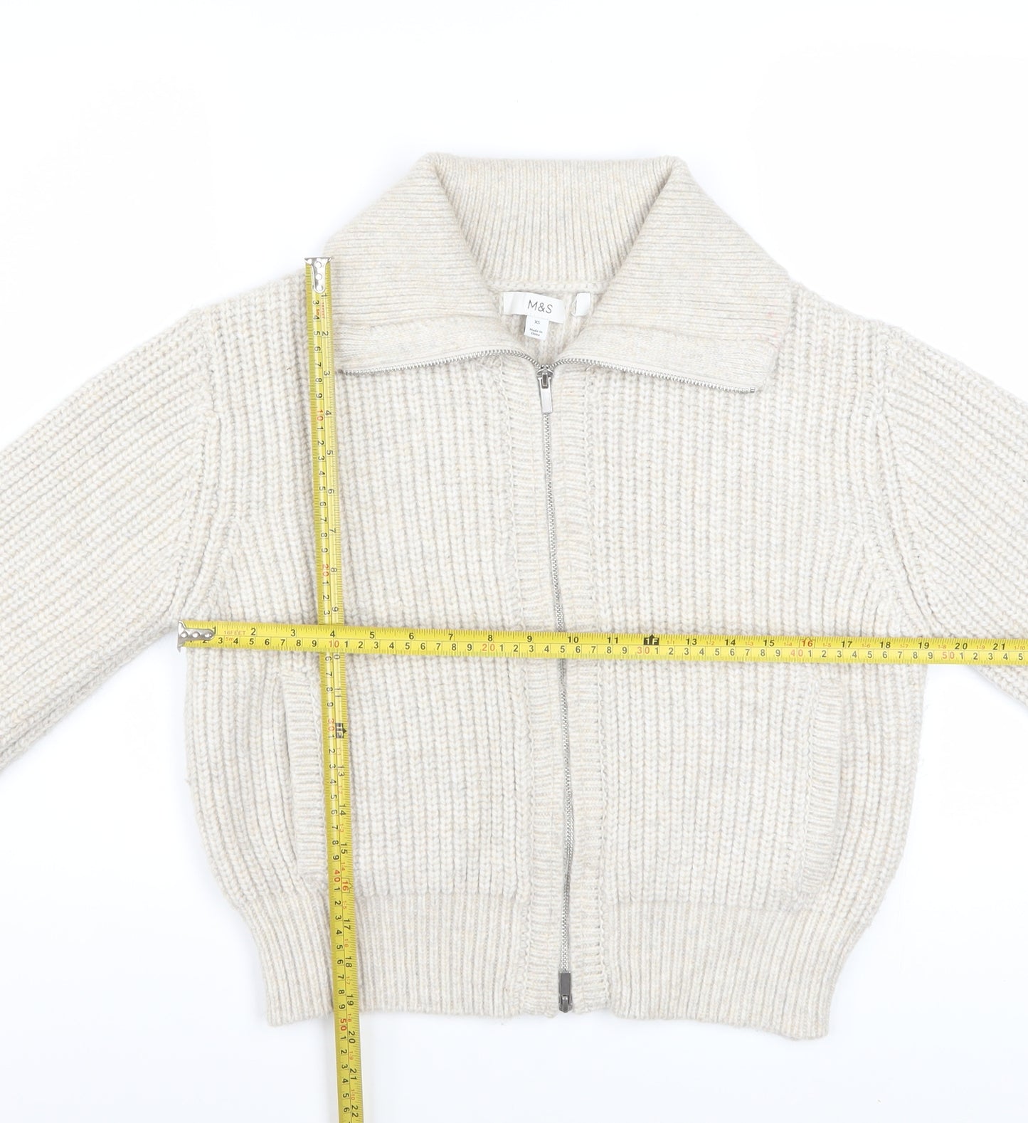 Marks and Spencer Women Beige XS Collared Full Zip Wool Blend Jumper