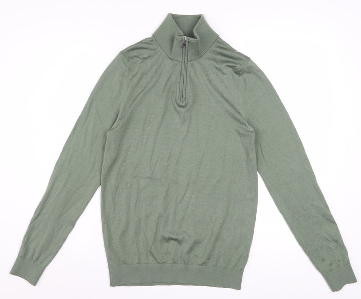 Reiss Men’s Green Wool Blend Half Zip High Neck Jumper Size S