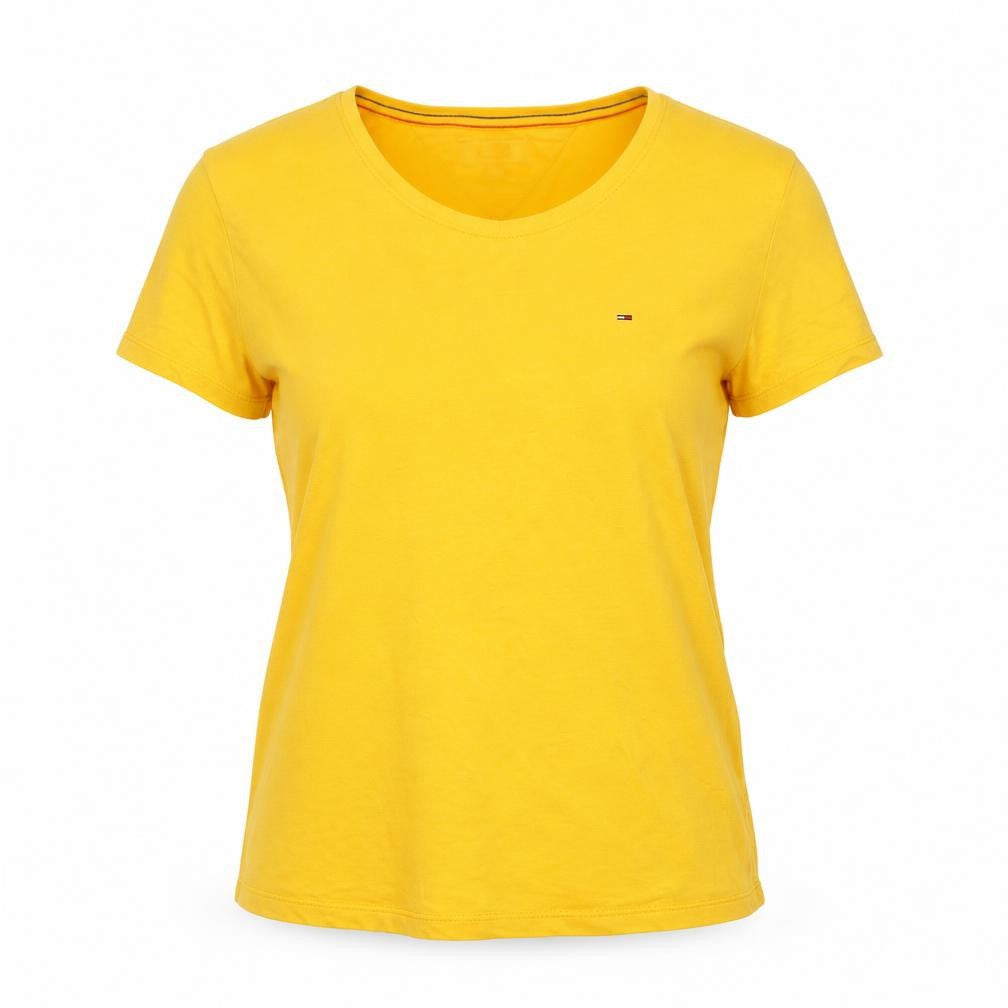 Front view of Tommy Jeans Women's Yellow Basic Cotton Crew Neck T-Shirt M