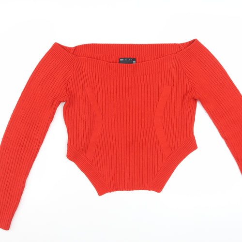 ASOS DESIGN Women Red Size 14 Boat Neck Slim Fit Ribbed Jumper