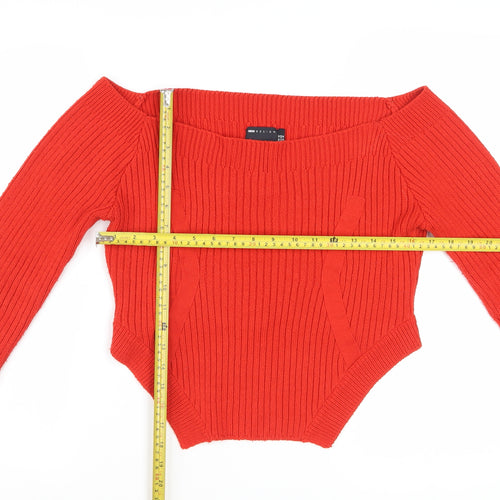 ASOS DESIGN Women Red Size 14 Boat Neck Slim Fit Ribbed Jumper