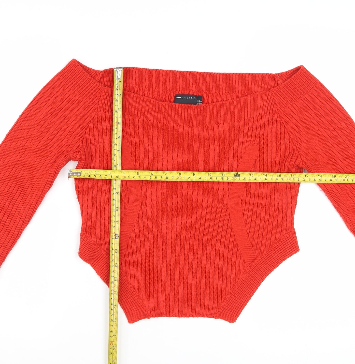 ASOS DESIGN Women Red Size 14 Boat Neck Slim Fit Ribbed Jumper