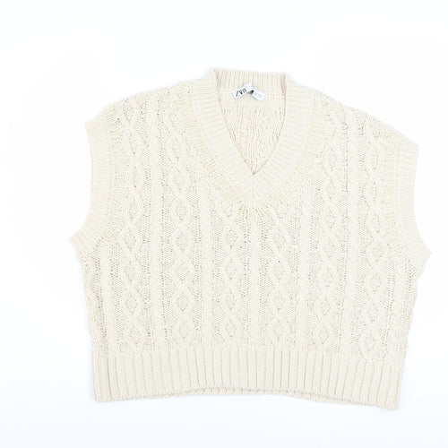 Zara Women Beige Cable-Knit V-Neck Vest Jumper L