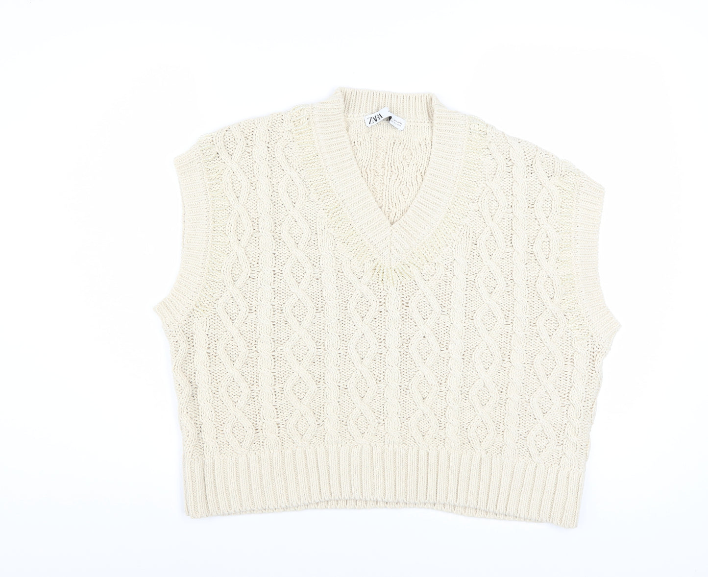 Zara Women Beige Cable-Knit V-Neck Vest Jumper L