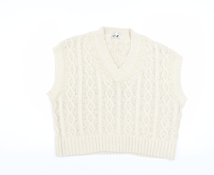 Zara Women Beige Cable-Knit V-Neck Vest Jumper L