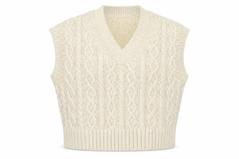 Zara Women Beige Cable-Knit V-Neck Vest Jumper L
