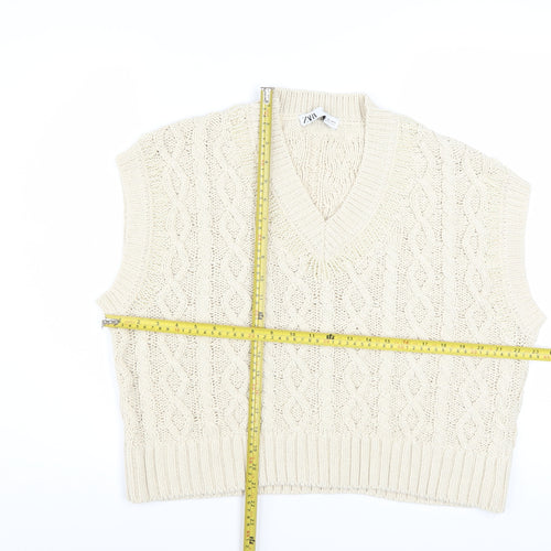 Zara Women Beige Cable-Knit V-Neck Vest Jumper L