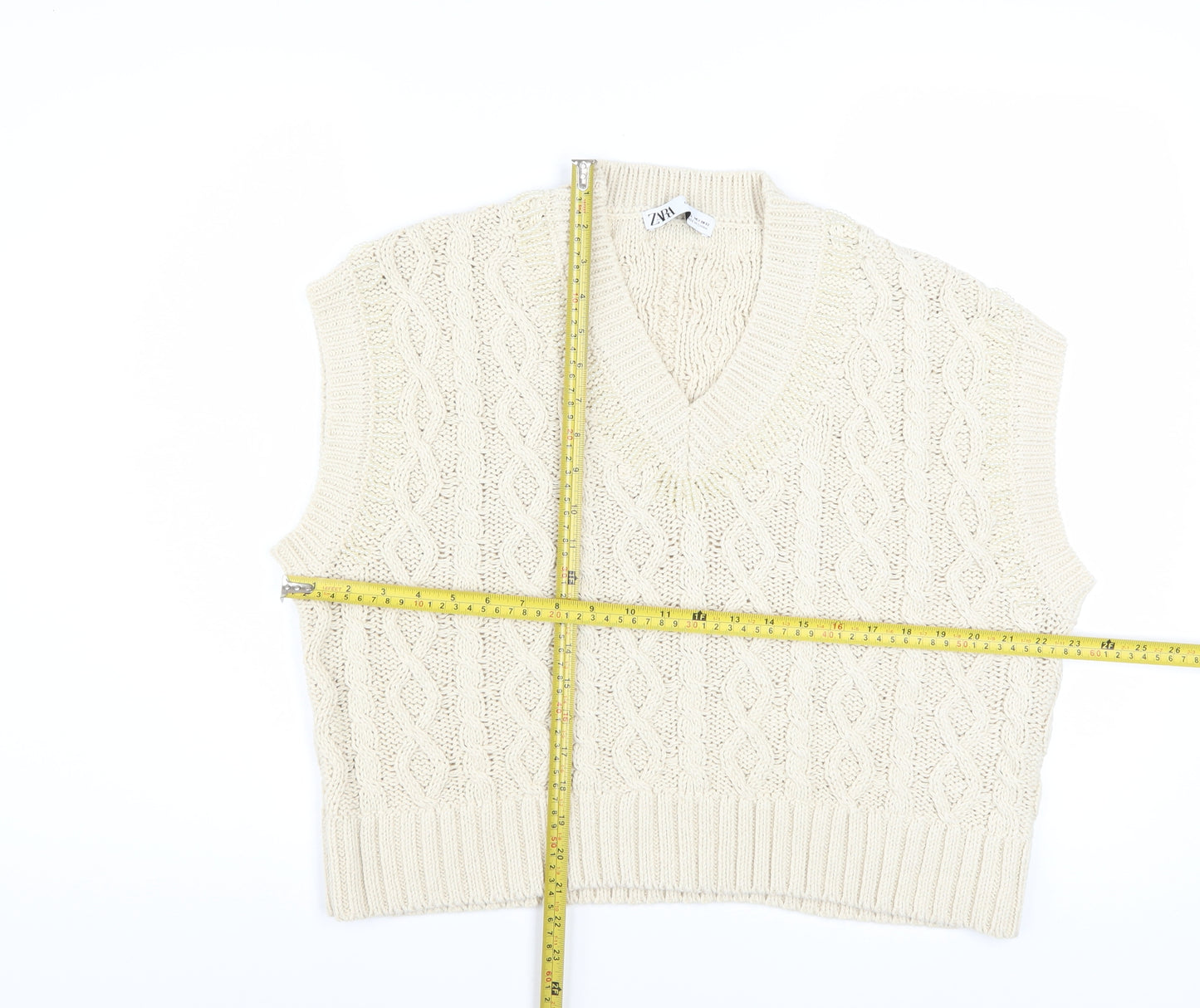 Zara Women Beige Cable-Knit V-Neck Vest Jumper L