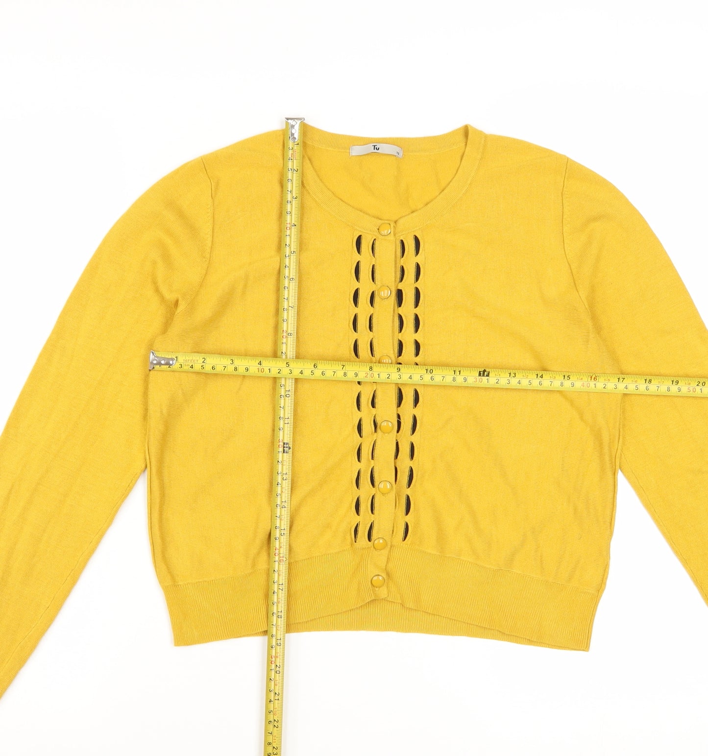 Tu Women’s Yellow Long Sleeve Crew Neck Cardigan Size 12 Knit